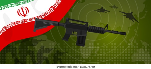 Iran modern warfare world map country army. Soldier with gun and plane. National flag gun military
