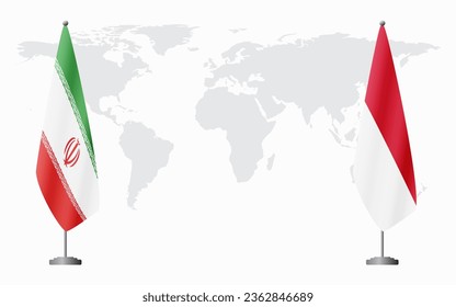 Iran and Monaco flags for official meeting against background of world map.