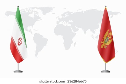 Iran and Montenegro flags for official meeting against background of world map.