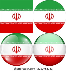 Iran National Flag Symbol Logo Icon, set of 1:1 Square, Round Circular Shape, Bubble and Button Design Vector Illustration Isolated on White Background