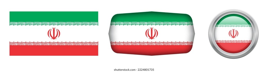 Iran national flag in three versions rectangular, ellipse and round flag on white background. vector illustration