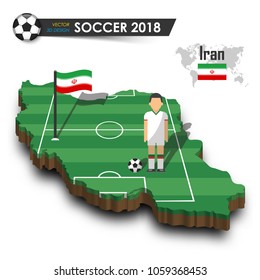 Iran national soccer team . Football player and flag on 3d design country map . isolated background . Vector for international world championship tournament 2018 concept .