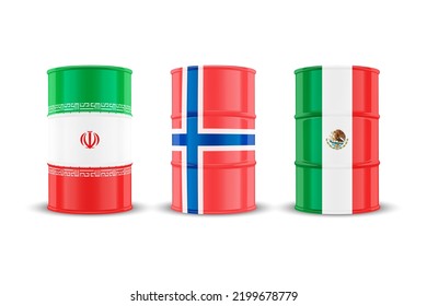 Iran, Norway, Mexico Oil Barrels. Vector 3d Realistic Metal Enamel Oil Barrel Isolated. Crude, Oil Barrel Design Template