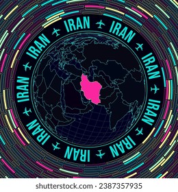 Iran on globe. Satellite view of the world centered to Iran. Bright neon style. Futuristic radial bricks background. Creative vector illustration.