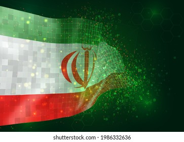 Iran, on vector 3d flag on green background with polygons and data numbers