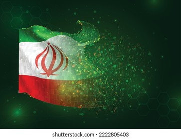 Irán, sobre la bandera del vector 3d sobre fondo verde con polígonos y números de datos