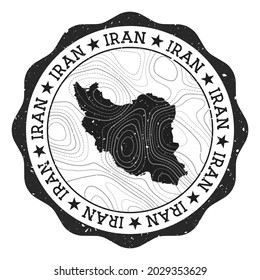 Iran outdoor stamp. Round sticker with map of country with topographic isolines. Vector illustration. Can be used as insignia, logotype, label, sticker or badge of the Iran.