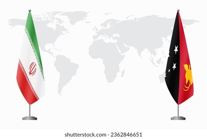 Iran and Papua New Guinea flags for official meeting against background of world map.