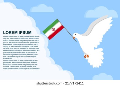 Iran peace concept with text area, Dove of Peace bird with Iran flag in its beak, dove flying in the clouds, vector illustration design, Iran peace day template, freedom idea