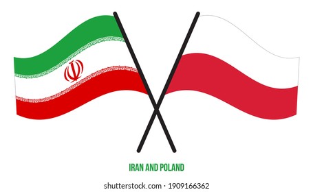 Iran und Polen Flaggen überquert und schwingen Flat Style. Offizieller Anteil. Korrigieren Sie Farben.