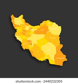 Iran political map of administrative divisions - provinces. Yellow shade flat vector map with name labels and dropped shadow isolated on dark grey background.