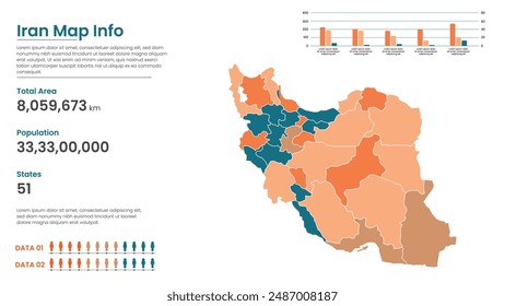 Iran political map of administrative divisions states, Colorful states in Iran map infographic, Iran Map Info, Iran Population.