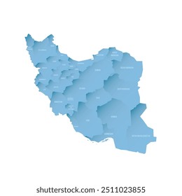 Iran political map of administrative divisions - provinces. Shaded vector map with 3D-like blue gradient and name labels