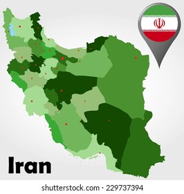 Iran political map with green shades and map pointer.