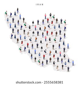 Iran population map. Large group of realistic a diverse crowd of people figures in a shape of Iranian map. Flat vector illustration isolated on white.