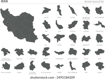 Iran region silhouettes set and blank map of the country isolated on white background. Vector illustration design