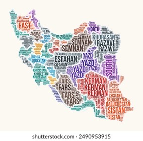 Iran regions word cloud. Country logo design. Regions typography style vector image. Iran colored text cloud. Amazing vector illustration.