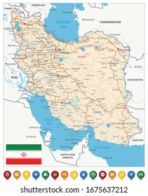 Hoja De Ruta De Irán E Iconos De Mapa Coloridos. La imagen contiene capas con contornos de contorno, nombres de tierras, nombres de ciudades, objetos acuáticos y sus nombres, carreteras.