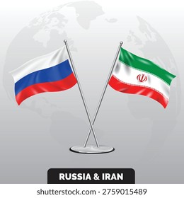 Banderas de Irán y Rusia en la pole con un mapa del mundo detrás de ellas, Amistad entre Irán y Rusia, Rusia vs Irán, Petróleo Crudo.