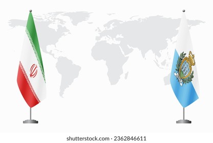 Iran and San Marino flags for official meeting against background of world map.