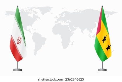 Iran and Sao Tome and Principe flags for official meeting against background of world map.