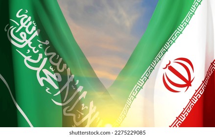 Iran and Saudi Arabia Flags against the sunset. Concept - Saudi Arabia and Iran relationship. EPS10 vector