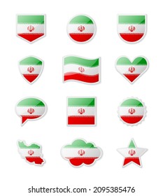 Iran - set of country flags in the form of stickers of various shapes. Vector illustration