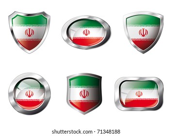 Iran set shiny buttons and shields of flag with metal frame - vector illustration. Isolated abstract object against white background.