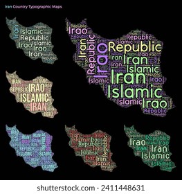 Iran. Set of typography style country illustrations. Iran map shape built of horizontal and vertical country names. Vector illustration.