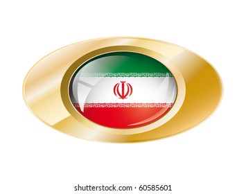 Iran shiny button flag with golden ring vector illustration. Isolated abstract object against white background.