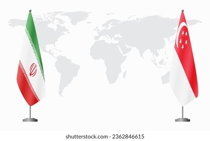 Iran and Singapore flags for official meeting against background of world map.