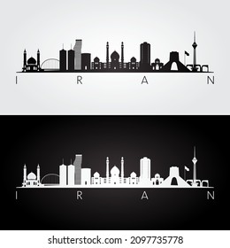Iran skyline and landmarks silhouette, black and white design, vector illustration.