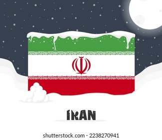 Iran snowy weather concept, cold weather and snowfall, Iran weather forecast winter banner idea, snow cap on flag with snowballs and moon, blizzard and adverse weather conditions