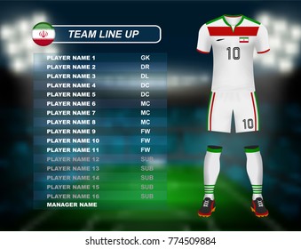 Iran soccer jersey kit with team line up board on soccer stadium and crowd fan with spot light backdrop on night time. Concept for Asian football match result background in vector illustrative