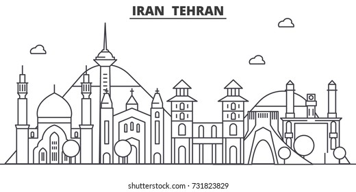 Iran, Tehran architecture line skyline illustration. Linear vector cityscape with famous landmarks, city sights, design icons. Landscape wtih editable strokes