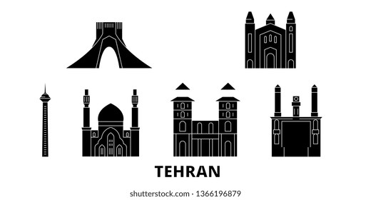 Iran, Tehran flat travel skyline set. Iran, Tehran black city vector illustration, symbol, travel sights, landmarks.