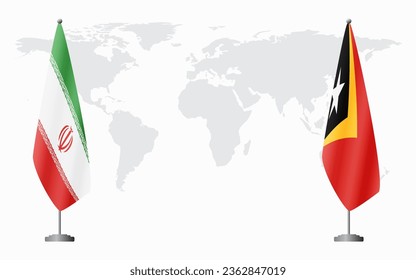 Iran and Timor-Leste flags for official meeting against background of world map.