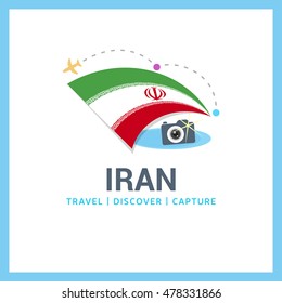 Iran Travel, Discover, Capture logo - Vector travel Photographer logo design - Country Flag Travel, Discover and Photgrapher Conceptual logotype - vector illustration