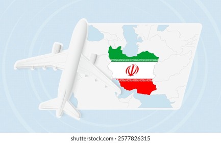 Iran Travel Illustration with Plane and National Flag. Ideal for travel agencies, promotional materials, or geographic content related to Iran.