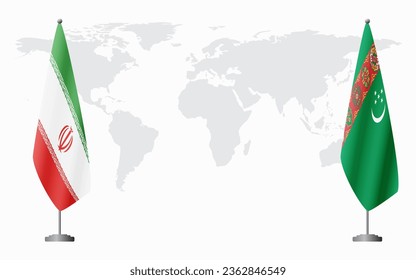 Die Flaggen des Iran und Turkmenistans für offizielle Treffen vor dem Hintergrund der Weltkarte.