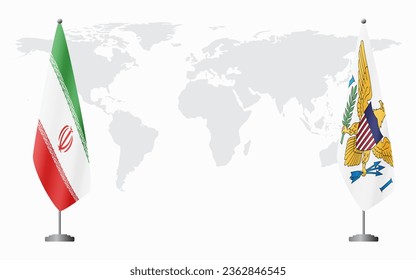 Iran and United States Virgin Islands flags for official meeting against background of world map.