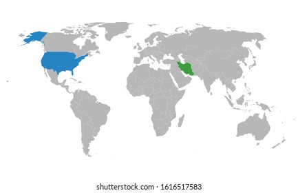 Iran, USA political map highlighted on world map. Diplomatic trade relationship. Perfect for business concepts, backgrounds, backdrop, poster, label, chart etc.