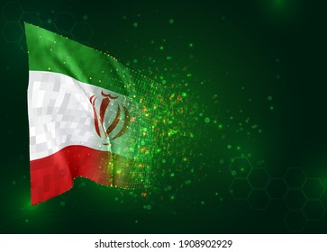 Iran, vector 3d flag on green background with polygons and data numbers