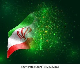 Iran, vector 3d flag on green background with polygons and data numbers