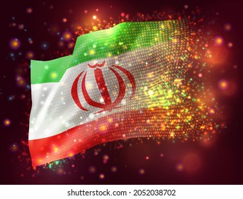 Iran, vector 3d flag on pink purple background with lighting and flares