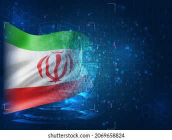 Iran, vector 3d flag on blue background with hud interfaces