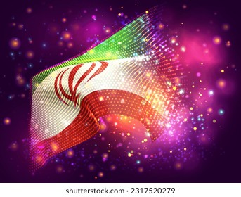 Iran, vector 3d flag on pink purple background with lighting and flares