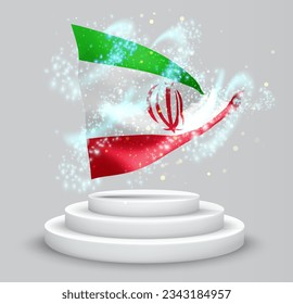 Irán, bandera vectorial 3d en el podio rodeado por un torbellino de radiancia mágica