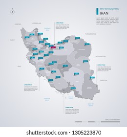 Iran vector map with infographic elements, pointer marks. Editable template with regions, cities and capital Tehran. 