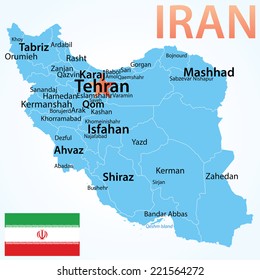 Iran - vector map with largest cities. Carefully scaled text by city population, geographically correct.